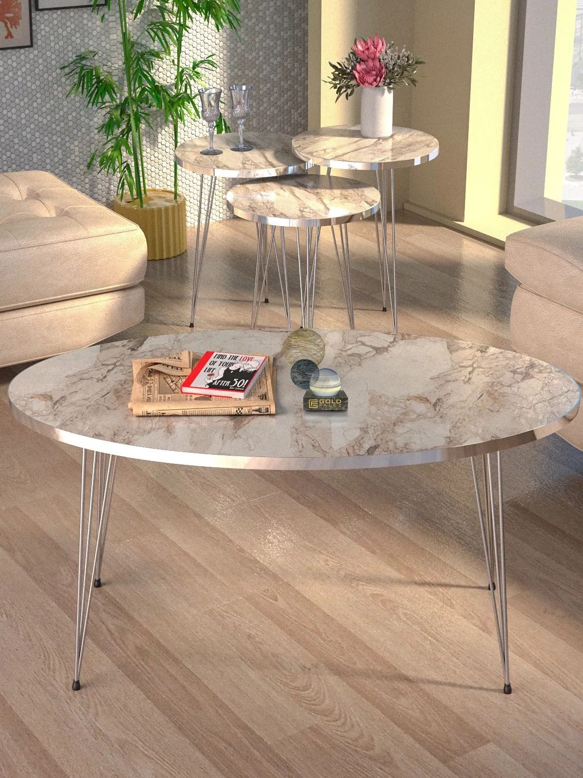 Современный набор столов-раскладушек из 3-х столов и набор центральных столов, декоративный журнальный столик с серебряным мраморным рисунком для гостиной, спальни